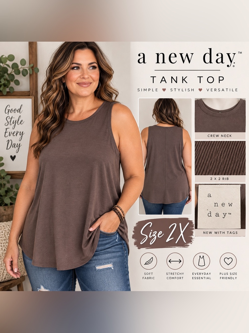 A NEW DAY BROWN RELAXED TANK TOP • SIZE 2X